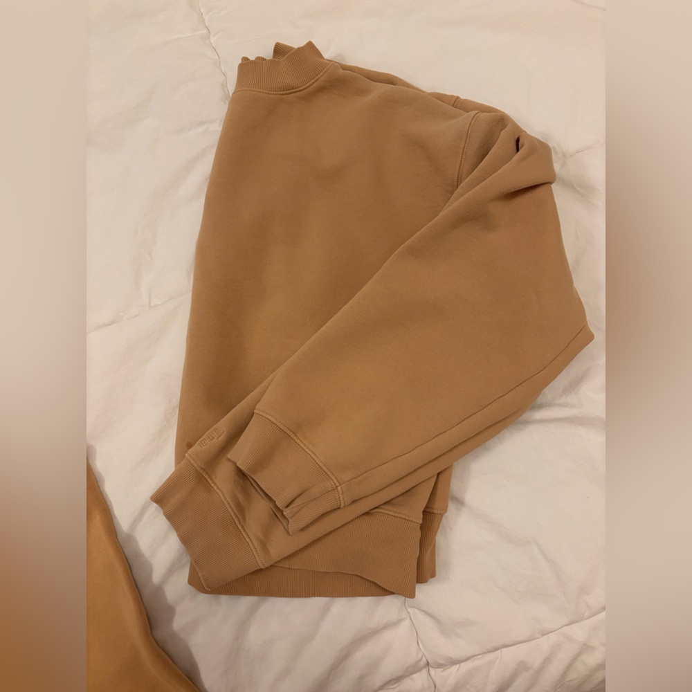 Tan Crewneck Sweatshirt set with bottoms. Aritzia TNA butter soft set.